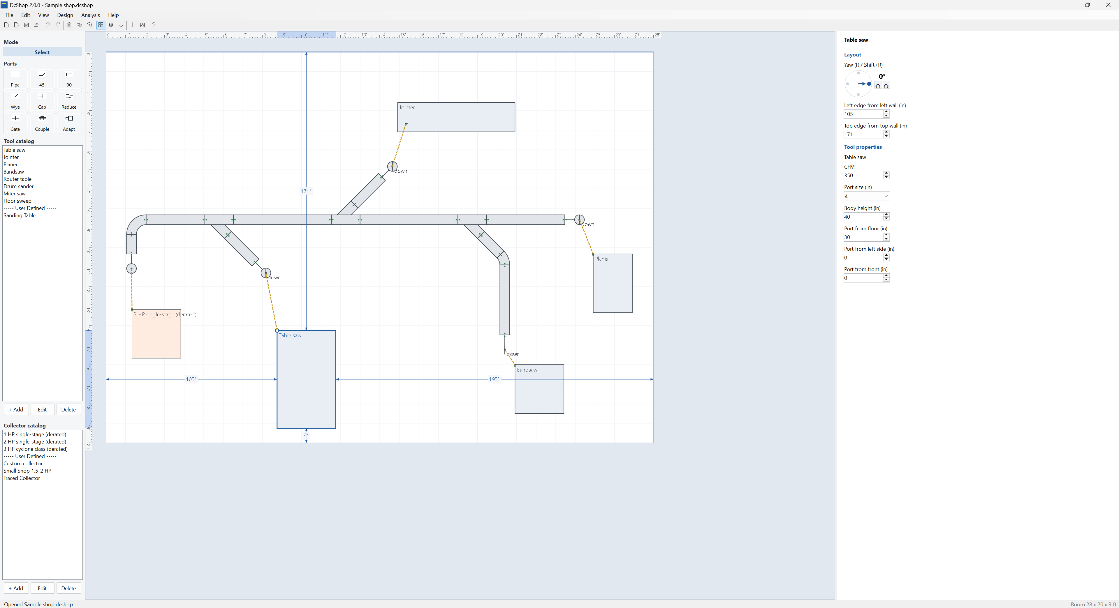 DCShop 2.0 plan with collector, main, branches and drops, and the Analysis panel on the right